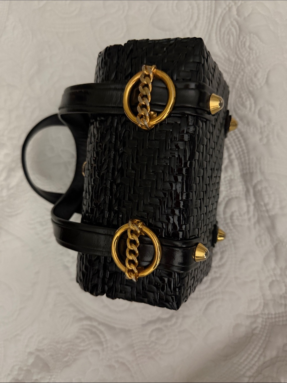 Vintage Black Woven Barrel Handbag with Red Interior - Picture 2 of 4